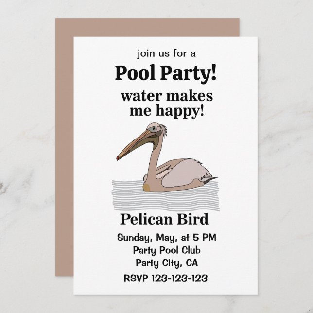 Pelican Bird Beach Pool Party Invitation (Front/Back)