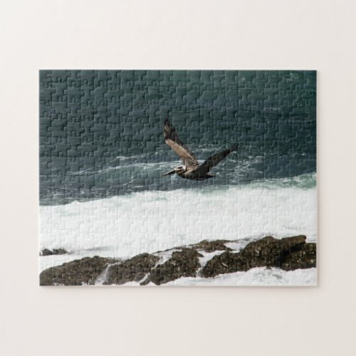 Pelican Bird Flying Pacific Ocean Rocks Jigsaw Puzzle