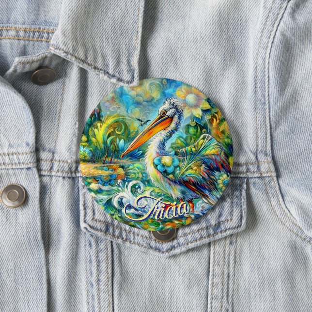 Pelican Bird in Wonderland Floral Personalized Button (In Situ)