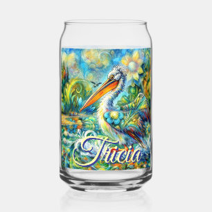 Pelican Bird in Wonderland Floral Personalized Can Glass