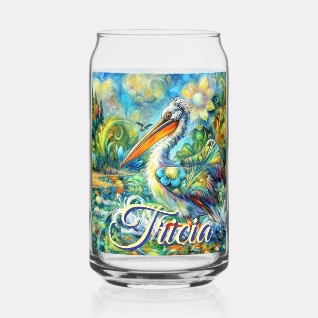 Pelican Bird in Wonderland Floral Personalized Can Glass (Front)