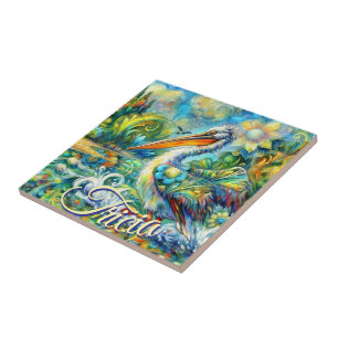 Pelican Bird in Wonderland Floral Personalized Ceramic Tile