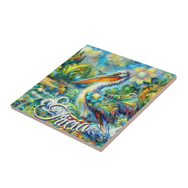 Pelican Bird in Wonderland Floral Personalized Ceramic Tile (Side)