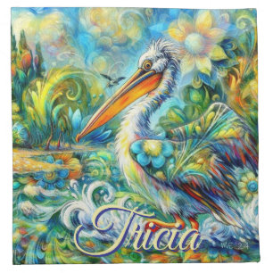 Pelican Bird in Wonderland Floral Personalized Cloth Napkin