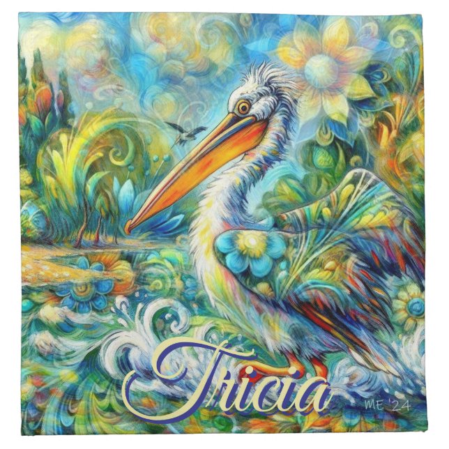 Pelican Bird in Wonderland Floral Personalized Cloth Napkin (Front)