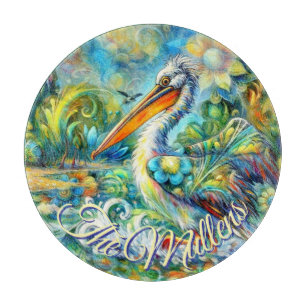 Pelican Bird in Wonderland Floral Personalized Cutting Board