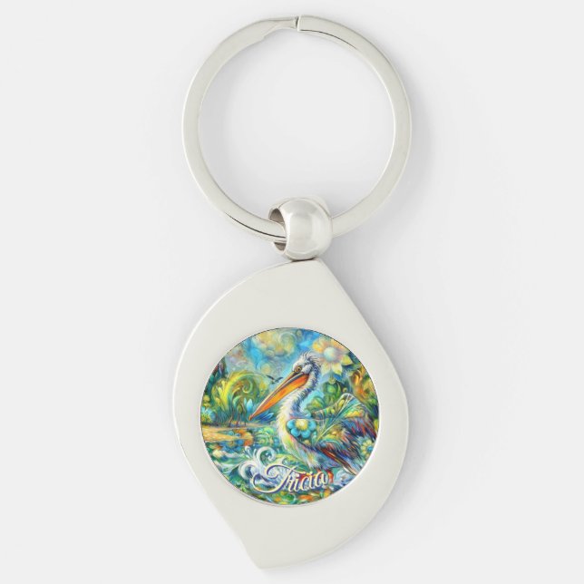 Pelican Bird in Wonderland Floral Personalized Keychain (Front)