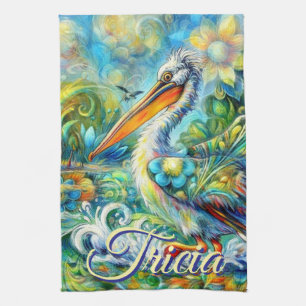 Pelican Bird in Wonderland Floral Personalized Kitchen Towel