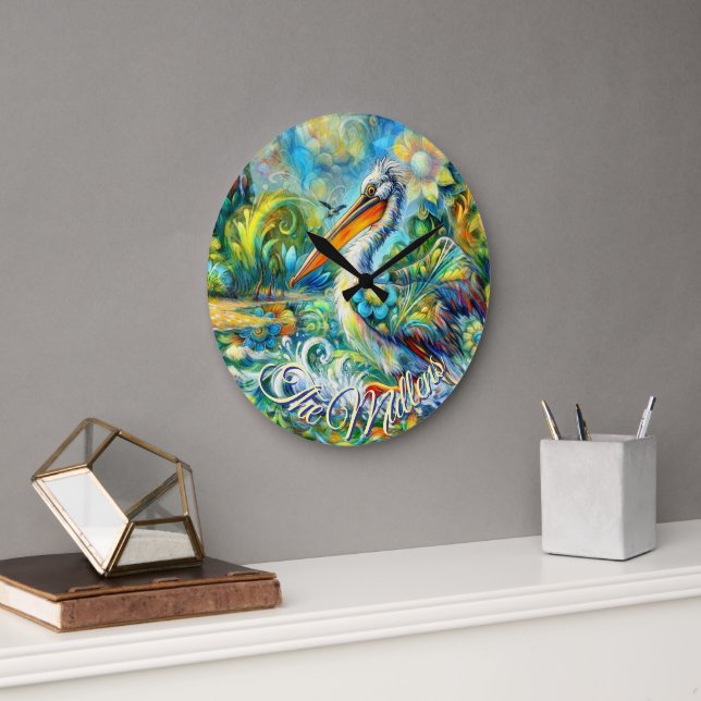 Pelican Bird in Wonderland Floral Personalized Large Clock (Office)