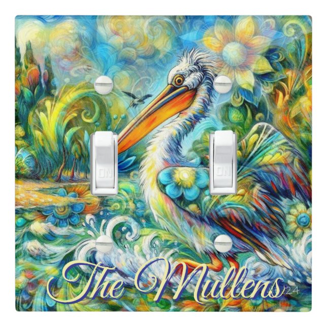 Pelican Bird in Wonderland Floral Personalized Light Switch Cover (In Situ)