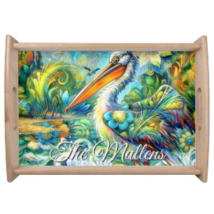 Pelican Bird in Wonderland Floral Personalized Serving Tray