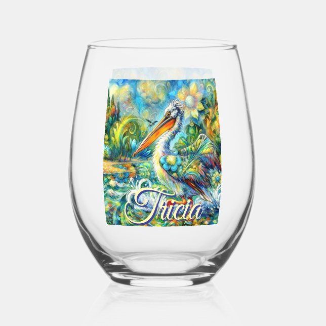 Pelican Bird in Wonderland Floral Personalized Stemless Wine Glass (Front)