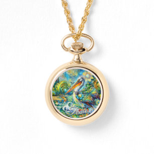 Pelican Bird in Wonderland Floral Personalized Watch