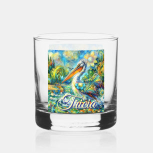 Pelican Bird in Wonderland Floral Personalized Whiskey Glass