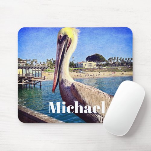 Pelican Bird Ocean Beach Pier Photo Custom Name Mouse Pad