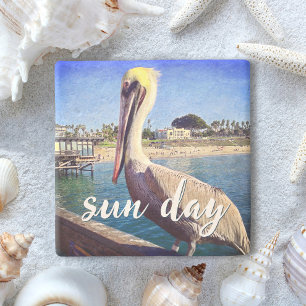 Pelican Bird Ocean Beach Pier Photo Sun Day Quote Stone Coaster