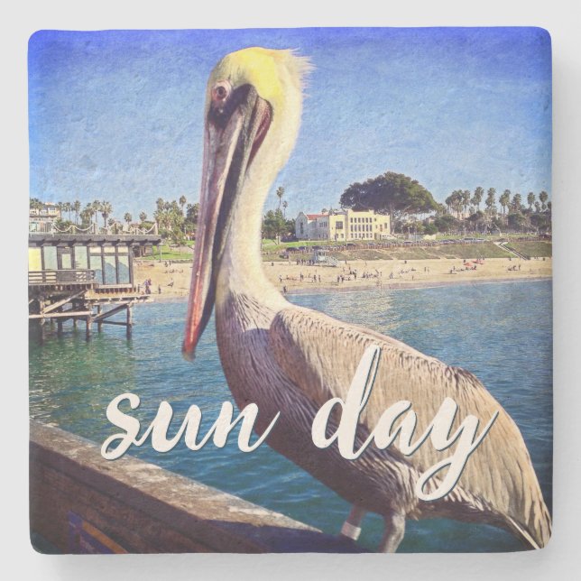 Pelican Bird Ocean Beach Pier Photo Sun Day Quote Stone Coaster (Front)