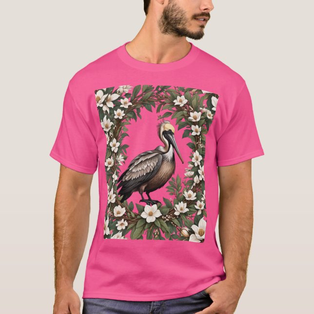 Pelican Bird Surrounded By Magnolia Flowers Oversi T-Shirt (Front)