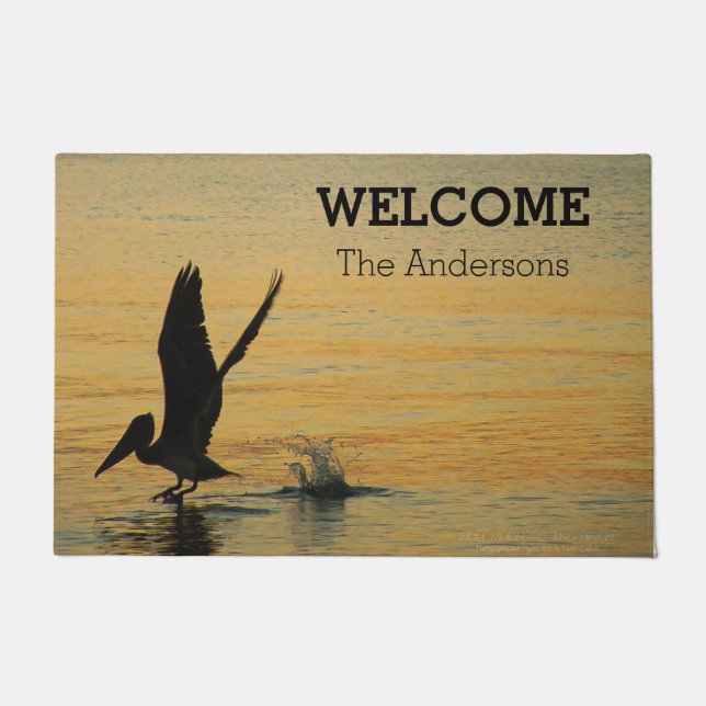 Pelican Bird Taking Flight At Sunset Florida Ocean Doormat (Front)