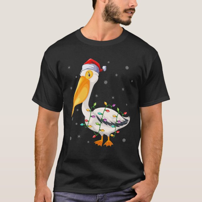Pelican Bird Xmas Lighting Santa Hat Pelican Chris T-Shirt (Front)
