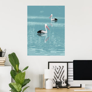 Pelican Couple Paddling on Calm Aqua Water Poster
