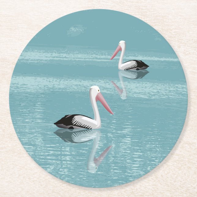 Pelican Couple Paddling on Calm Aqua Water Round Paper Coaster (Front)