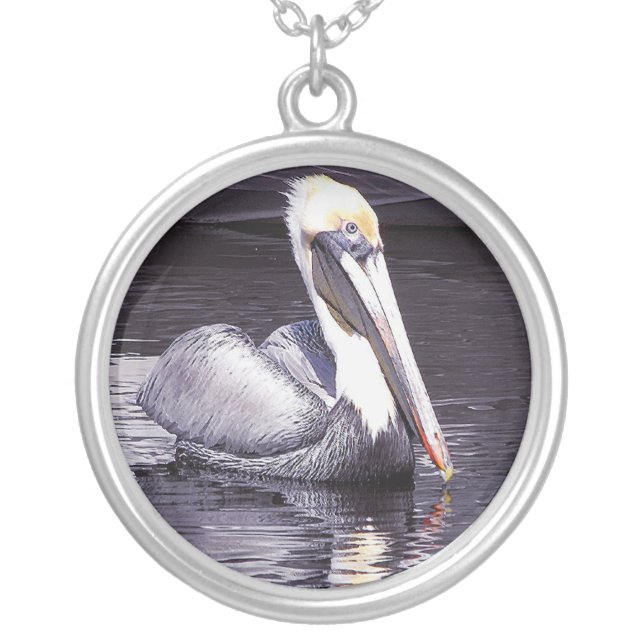 Pelican Gliding Along Silver Plated Necklace (Front)