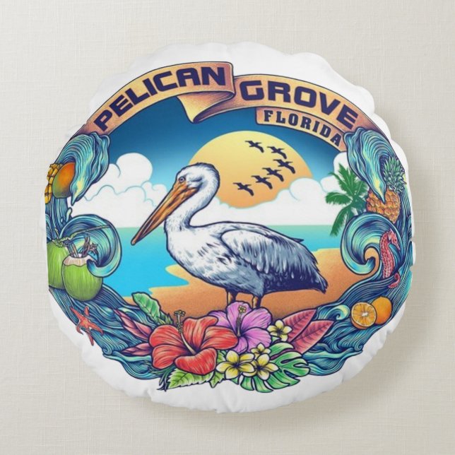  "Pelican Grove, Florida: Where Tranquility Meets  Round Pillow (Front)