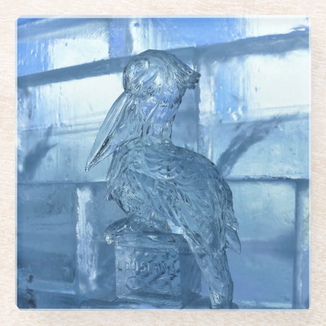 Pelican Ice Sculpture, Quebec, Canada Glass Coaster (Front)