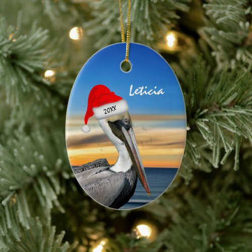 Pelican in Santa Hat Christmas Ceramic Ornament