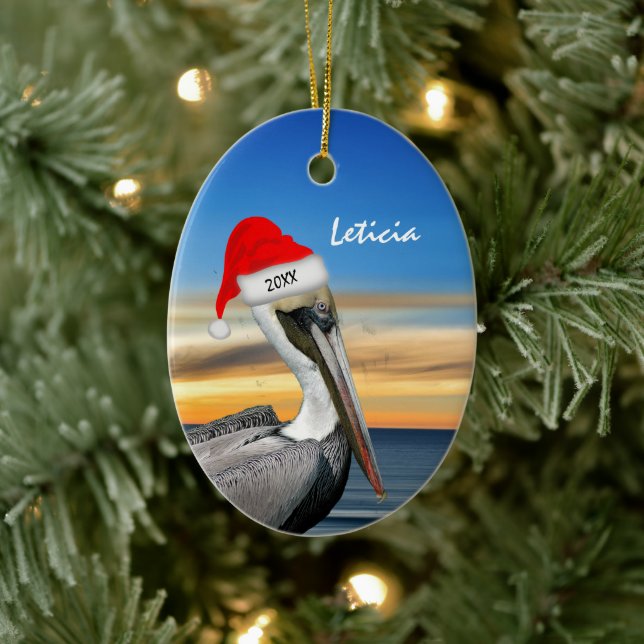 Pelican in Santa Hat Christmas Ceramic Ornament (Tree)