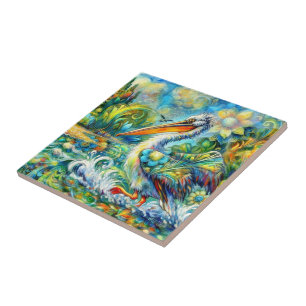 Pelican in Wonderland Floral Green Blue Yellow Ceramic Tile