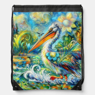 Pelican in Wonderland Floral Green Blue Yellow Drawstring Bag