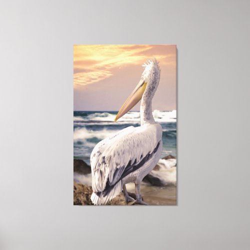 Pelican Ocean Beach Waves Sunset Canvas Print