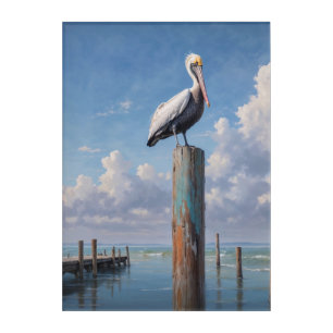 Pelican on a weathered dock pole acrylic print