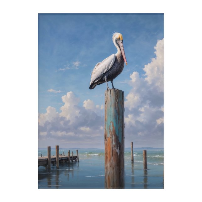Pelican on a weathered dock pole acrylic print (Front)
