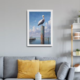 Pelican on a weathered dock pole framed art