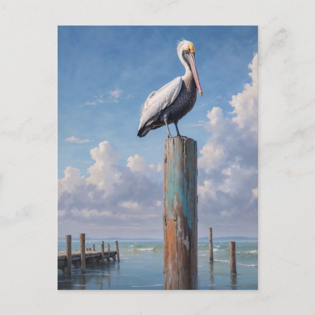 Pelican on a weathered dock pole postcard (Front)