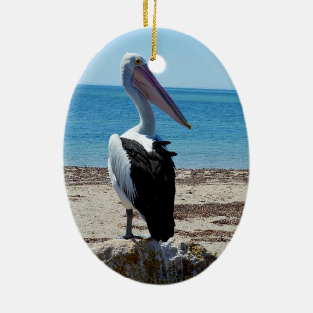 Pelican On Beach Rock, Ceramic Ornament (Back)