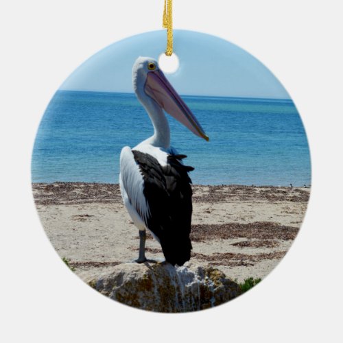 Pelican On Beach Rock Ceramic Ornament