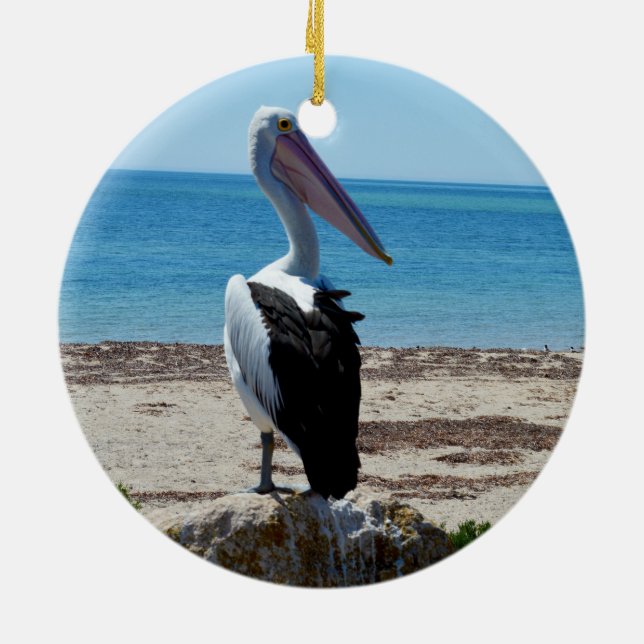 Pelican On Beach Rock, Ceramic Ornament (Back)