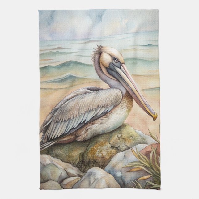 Pelican on the Beach Kitchen Towel (Vertical)