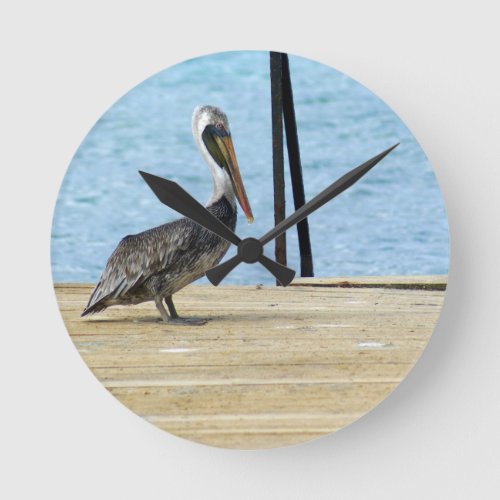 Pelican on the pier Curacao Caribbean Islands Round Clock