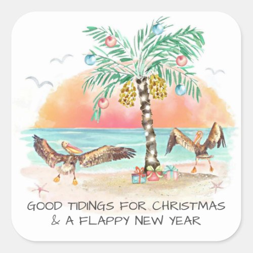 Pelican Palm Tree Good Tidings Christmas Square Sticker