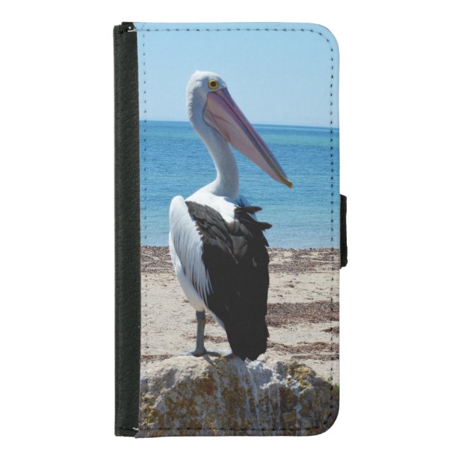 Pelican Perched On A Beach Rock, Samsung Galaxy Wallet Case (Front)