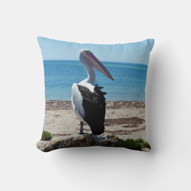 Pelican Perched On A Beach Rock, Throw Pillow (Front)