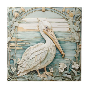 Pelican Sea Bird Art Nouveau Faux R Relief Mint Ceramic Tile