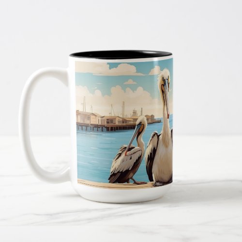 Pelican Serenity Resting by the Marina Two_Tone Coffee Mug