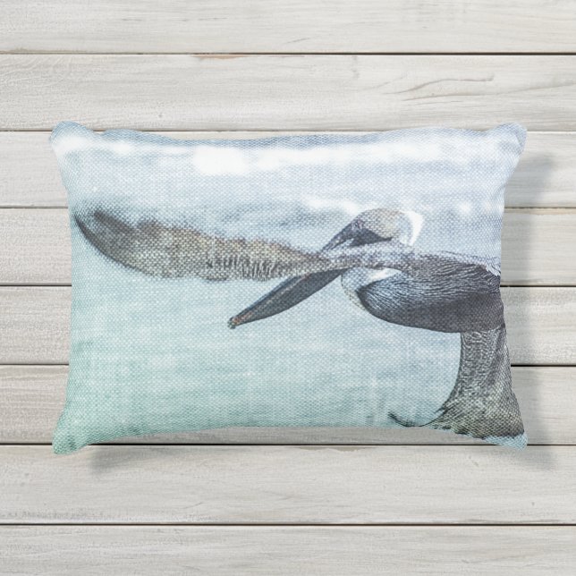 Pelican Soaring Blue Green Ocean Outdoor Pillow (Front)
