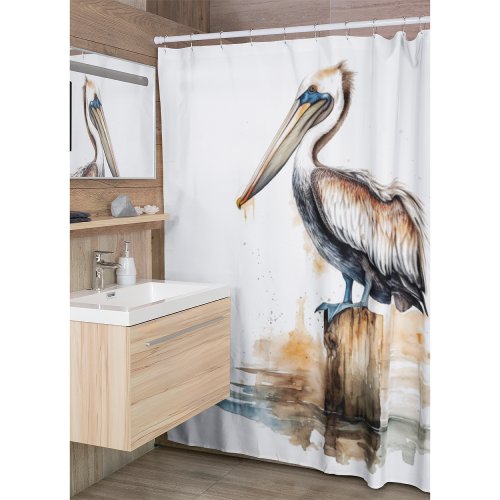 pelican standing on a pole in watercolor  shower curtain